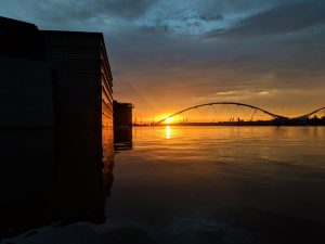 Sunset over reflecting pool at Tempe Center for the Arts in Tempe, Arizona, United States

