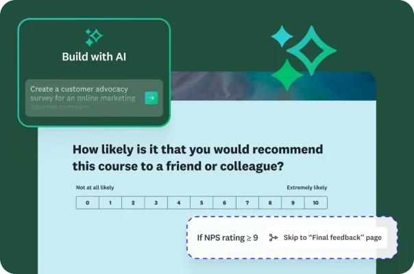 An NPS recommendation question with skip logic and an AI prompt to create a customer advocacy survey.