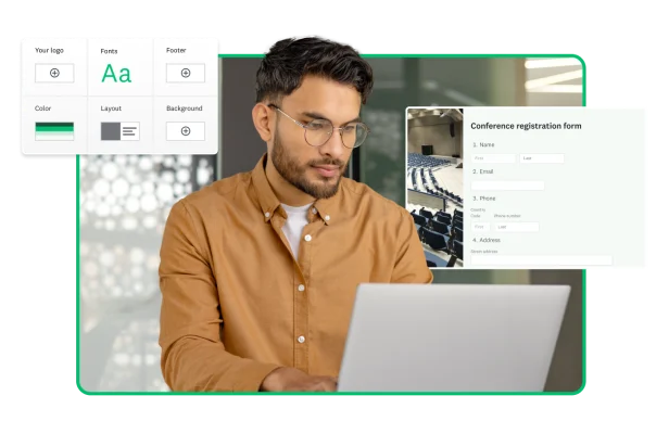Man working on computer, next to screenshot of conference registration form