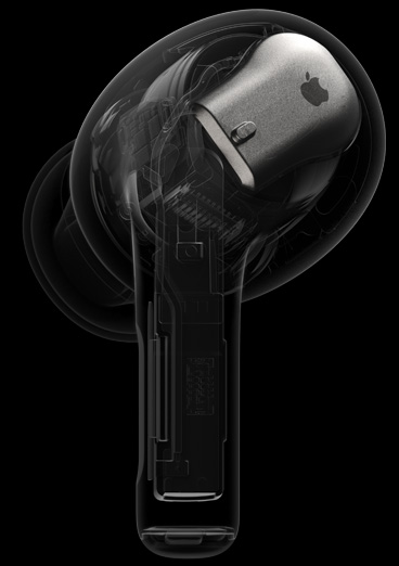 O reprezentare transparentă a căștilor AirPods Pro 2, evidențiind cipul H2 din spatele căștilor intraauriculare.