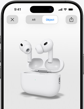 Un ecran de iPhone arată redarea în realitate augmentată a căștilor AirPods Pro.