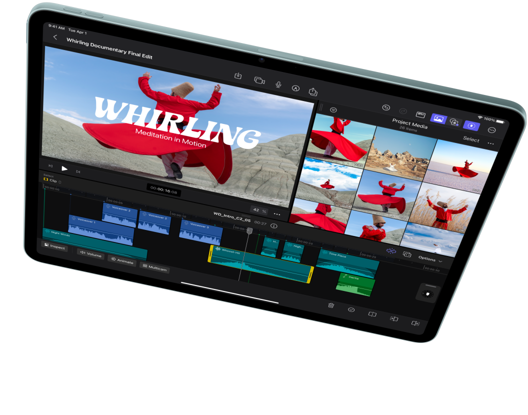 iPad Air în dispunere orizontală, prezentând editarea video în Final Cut Pro