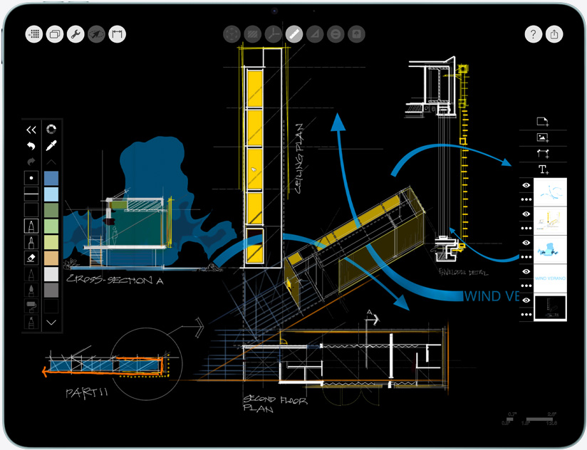 iPad Air, orientare orizontală, prezentând aplicația Morpholio Trace