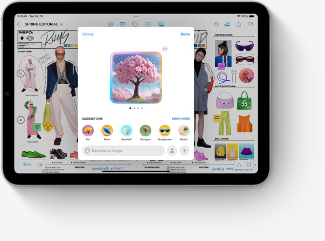 iPad mini afișând Image Playground, o nouă funcție Apple Intelligence folosită cu Freeform.
