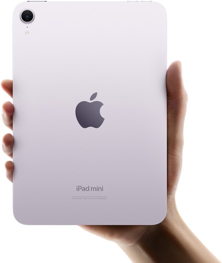 مستخدم يحمل بيد واحدة جهاز iPad mini مظهراً جهته الخلفية وموضحاً حجمه الصغير وسهولة حمله.