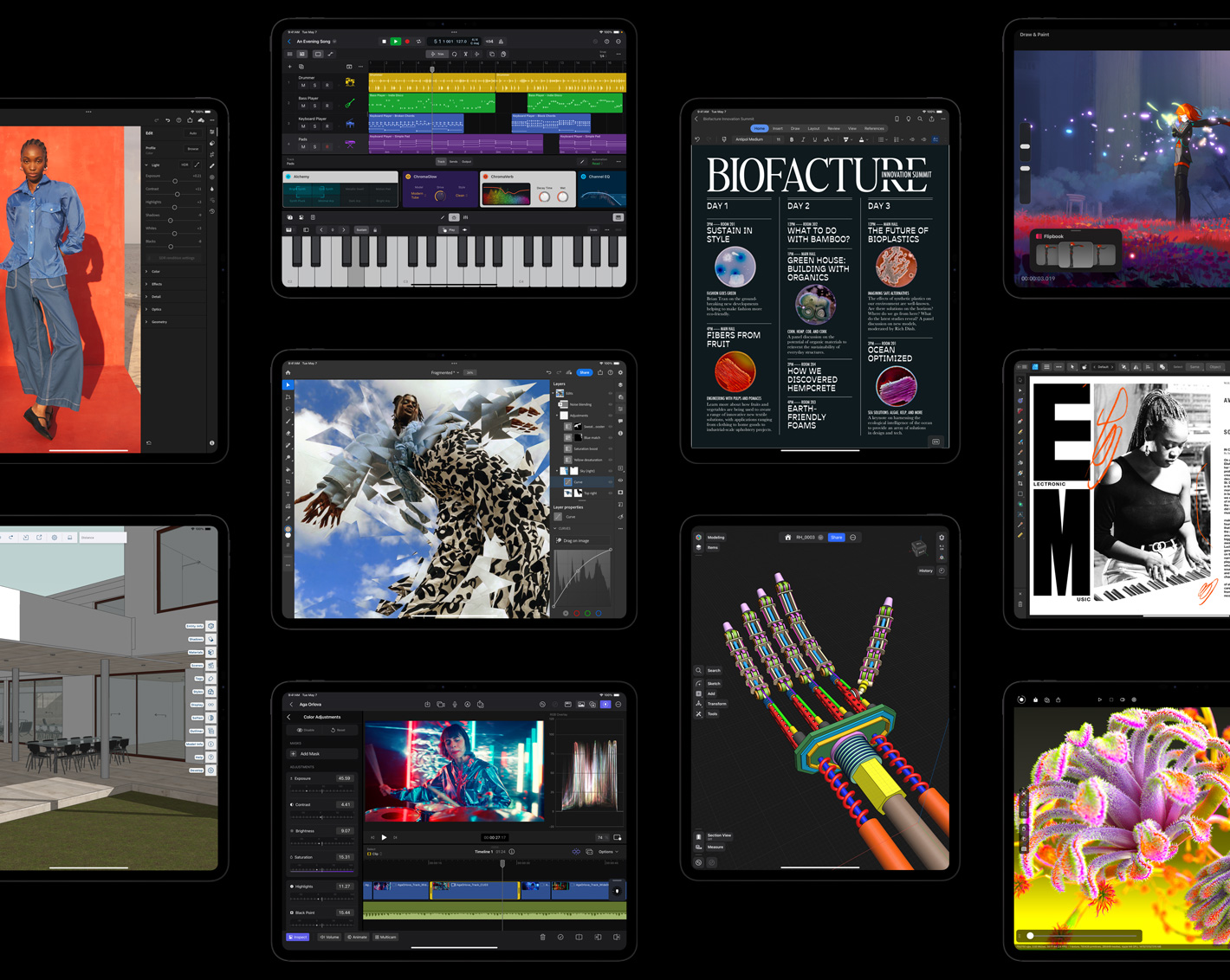 Zece ecrane iPad Pro prezentând diferite aplicații precum: Adobe Lightroom pentru iPad, Trimble SketchUp, Logic Pro pentru iPad, Adobe Lightroom pentru iPad, Final Cut Pro pentru iPad, Microsoft Word, Shapr3D, Procreate Dreams, Affinity Designer 2 pentru iPad, Octane X
