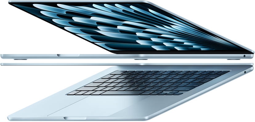 Două laptopuri MacBook Air pe culoarea Cer albastru, deschise în formă de săgeată, accentuând profilul îngust